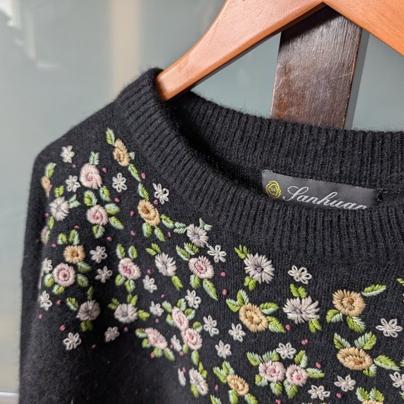 Vintage Sweaters - 📼 Vintage Sanhuan Black Floral Sweater With Embroidered Flowers - Medium